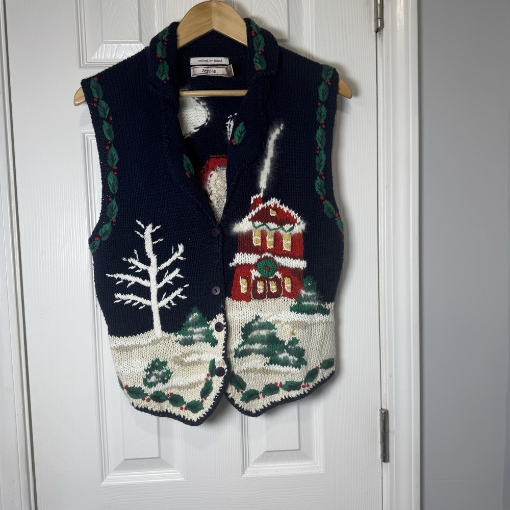 VTG Hand Knitted Zero In Christmas Holiday Vest Women's Medium‎